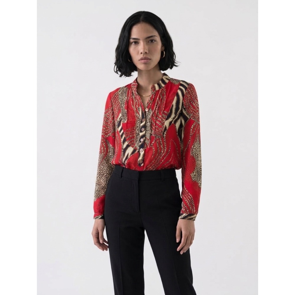 Vtg Carrie Allen Red Animal Print Button Down Blouse Sheer Leopard Zebra mobwife